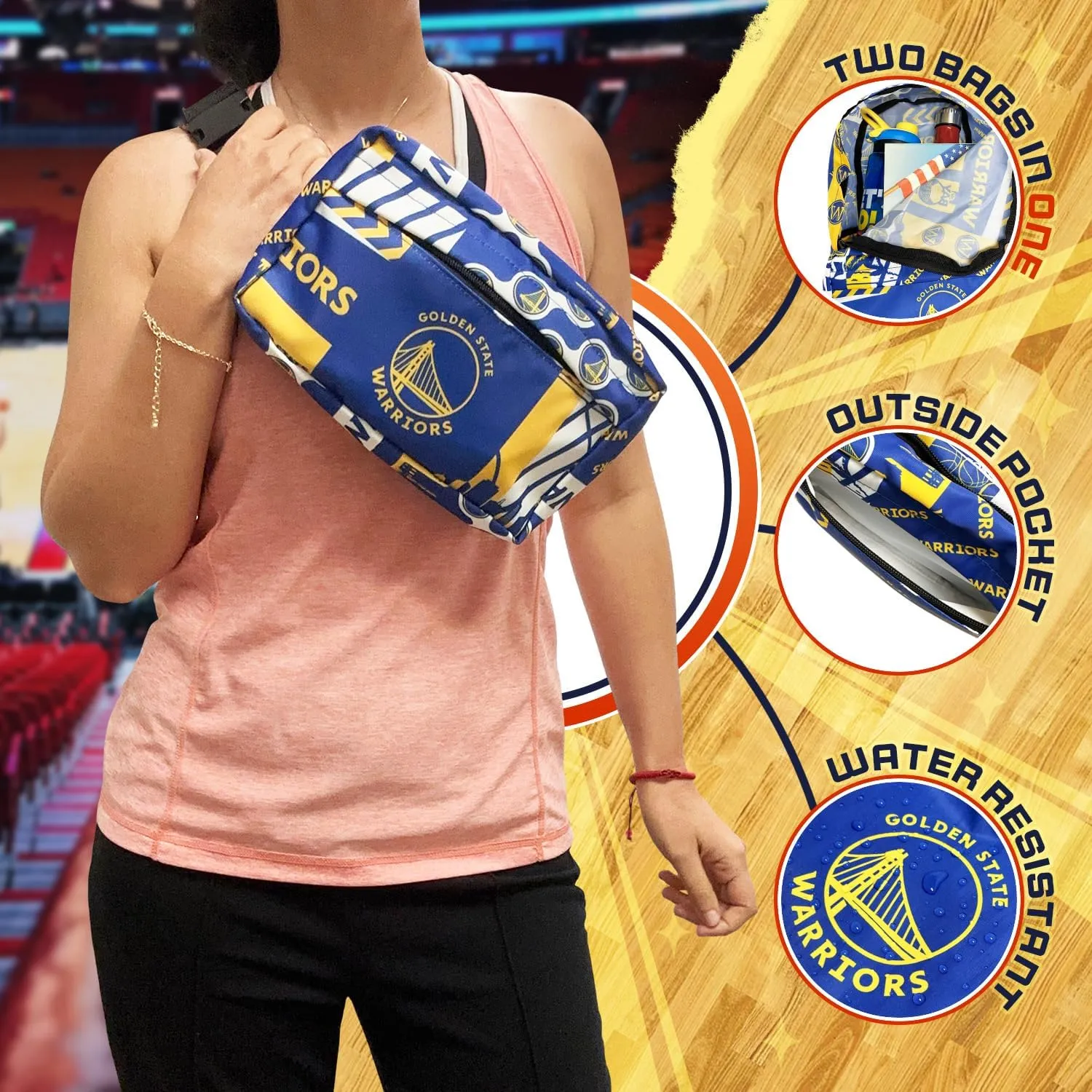 Pro Specialties Group Golden State Warriors Transformable 2-in-1 Mini Backpack: Convertible, Stylish, water-resistant travel belt bag.