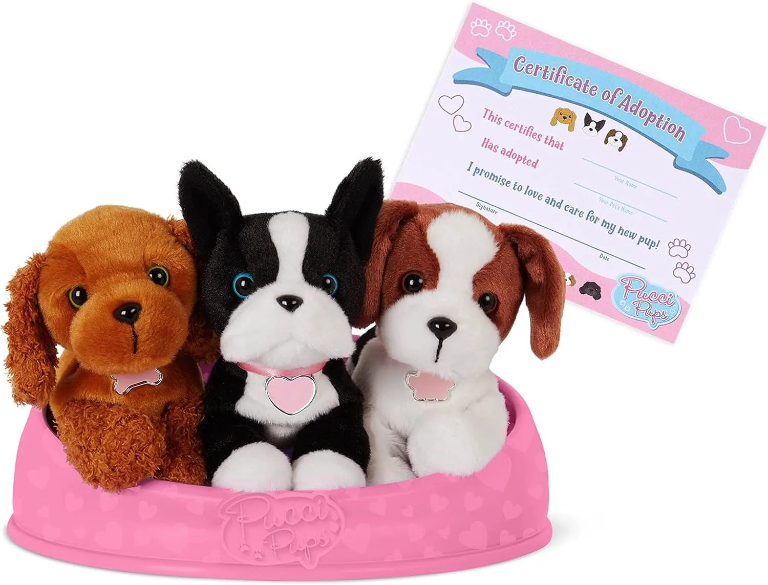 Pucci Pups – Adopt-a-Pup -Cocker Spaniel, Boston Terrier, Beagle – Plush Toy Dogs with Dog Bed – Plush Dog for Kids Aged 2 and Up