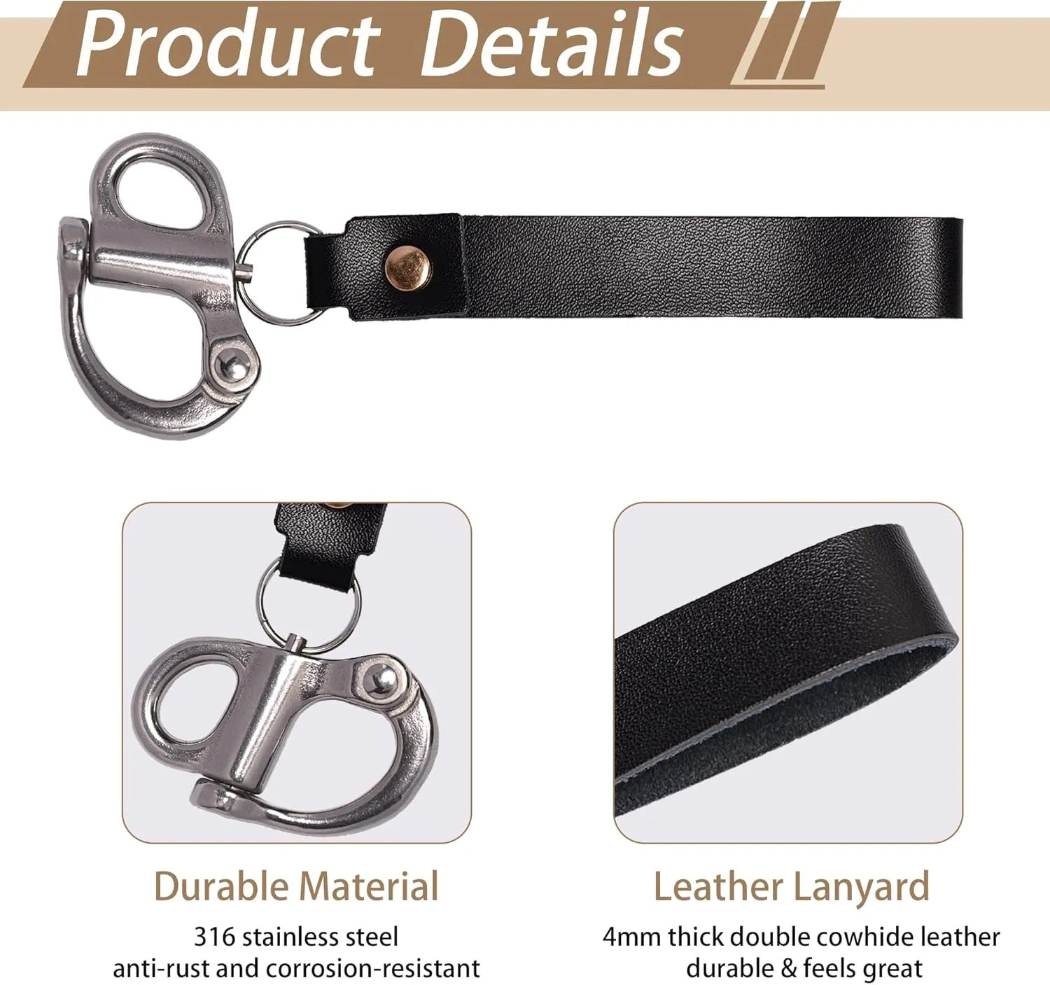 Quick Release Clip Shackle for SCBA Mask - Firefighter Accessories Tools with Leather Handle, Marine Grade 316 Stainless Steel Snap Shackle for Rigging, Sailing, Boat & Emergency Lanyards