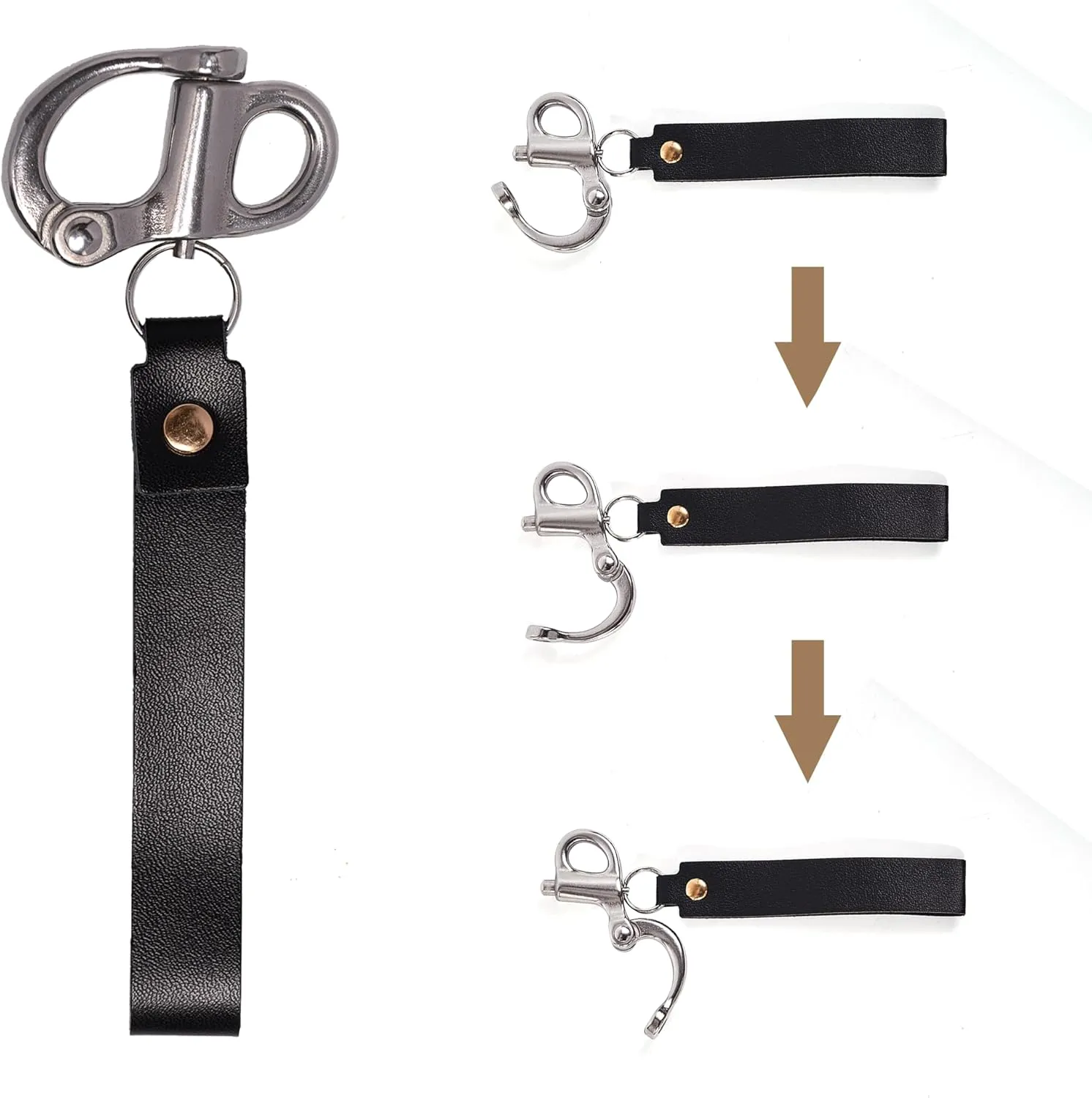 Quick Release Clip Shackle for SCBA Mask - Firefighter Accessories Tools with Leather Handle, Marine Grade 316 Stainless Steel Snap Shackle for Rigging, Sailing, Boat & Emergency Lanyards