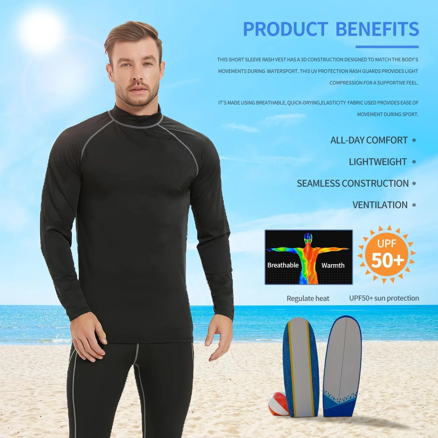 Rash Guard Shirts for Men UV Sun Protection UPF 50 Fitted Rashguard Swim Shirts Quick Dry Swimming Fishing Running