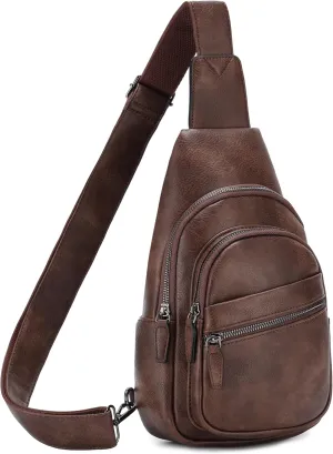 RAVUO Sling Bag, PU Leather Crossbody Backpack for Women Men Casual Hiking Daypack Multipurpose Chest Bag for Work College Coffee