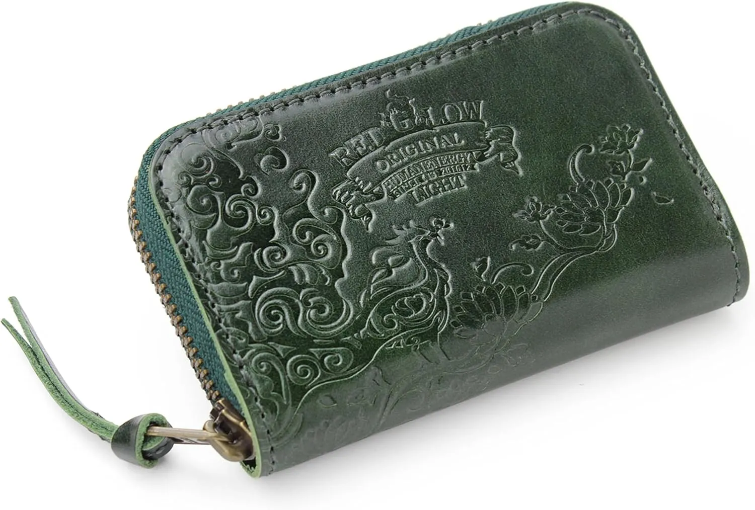 Red Glow RG-007 Men's Genuine Leather Coin Purse, Card Case, Made in Japan, Genuine Leather, Land Zipper (Green)