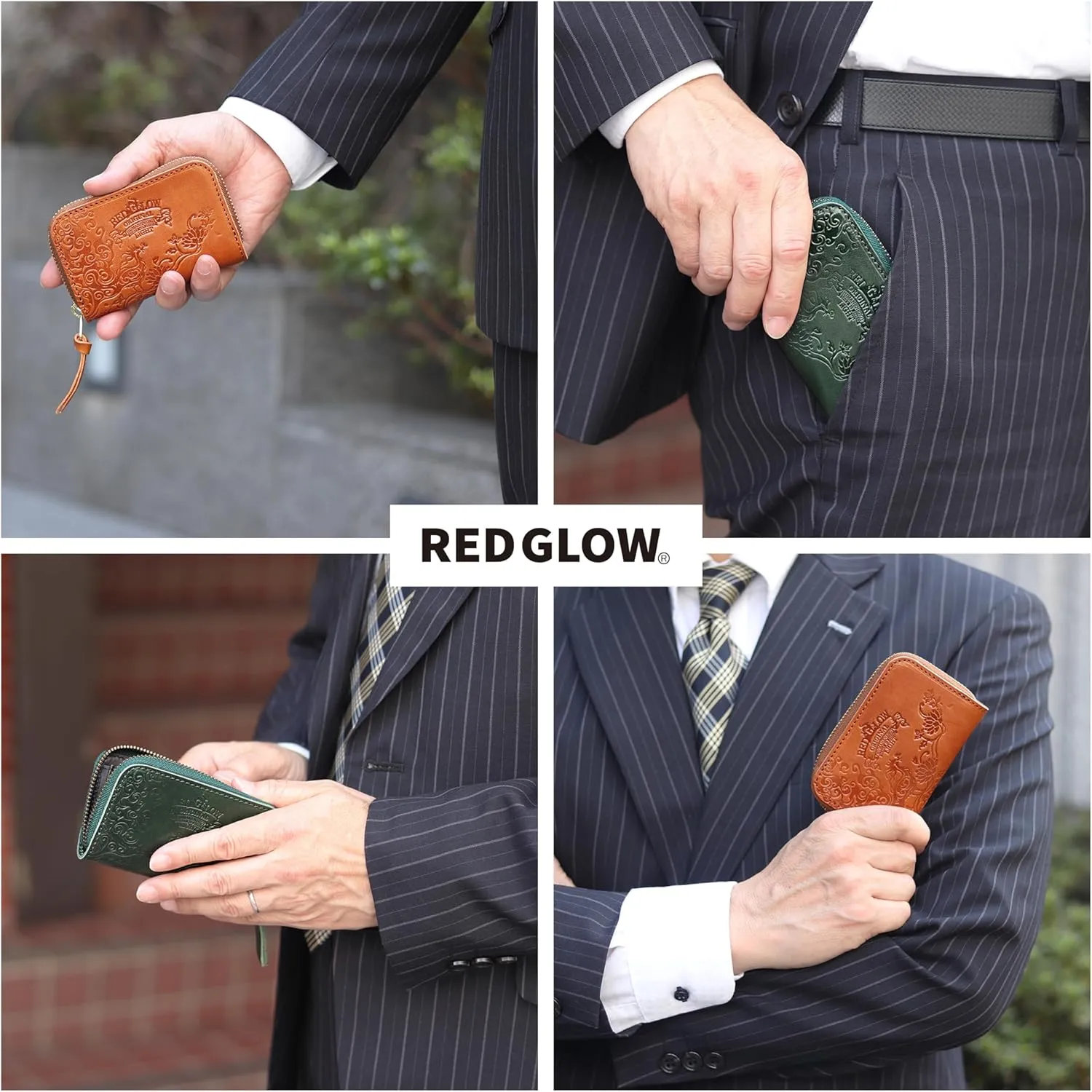 Red Glow RG-007 Men's Genuine Leather Coin Purse, Card Case, Made in Japan, Genuine Leather, Land Zipper (Green)