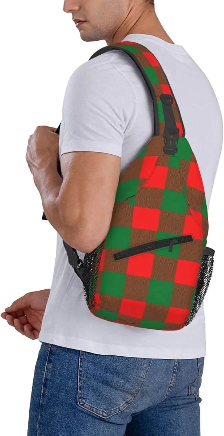 Red Green Christmas Plaid Crossbody Bag Cross Chest Bag Adjustable Sling Backpack Sports Gym Shoulder Bags Travel Cycling Daypack Diagonally Casual Rucksack