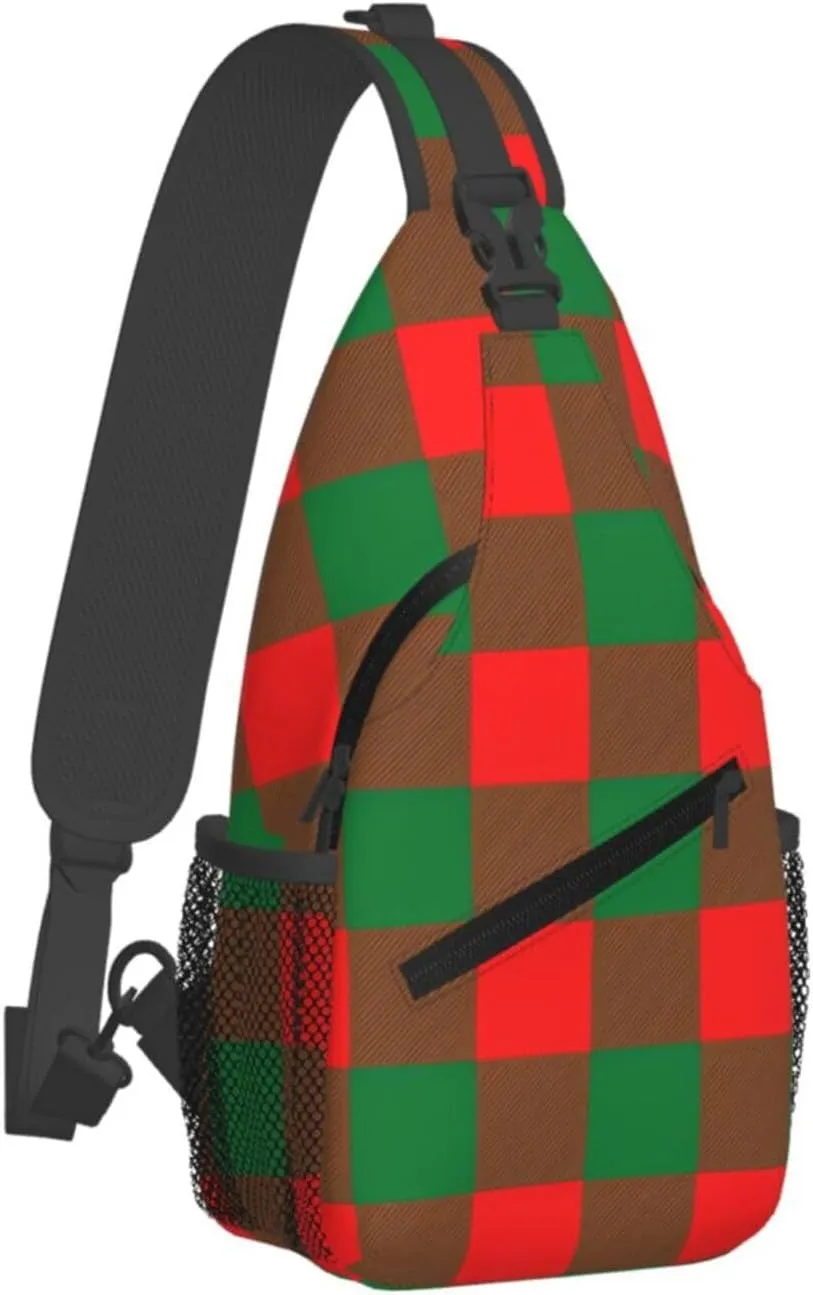 Red Green Christmas Plaid Crossbody Bag Cross Chest Bag Adjustable Sling Backpack Sports Gym Shoulder Bags Travel Cycling Daypack Diagonally Casual Rucksack