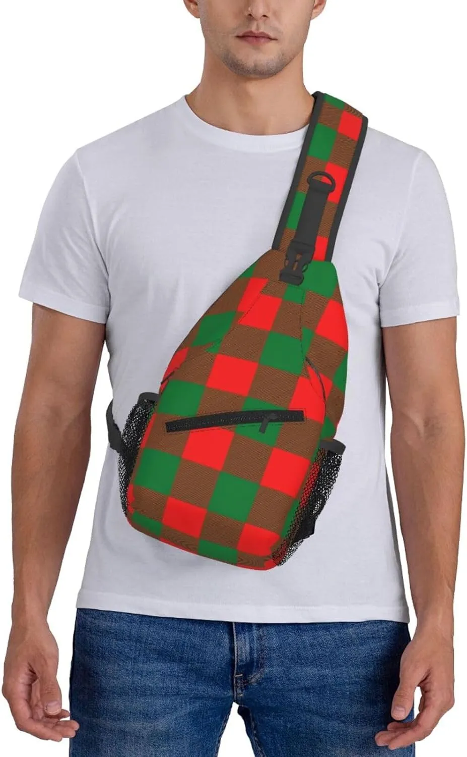 Red Green Christmas Plaid Crossbody Bag Cross Chest Bag Adjustable Sling Backpack Sports Gym Shoulder Bags Travel Cycling Daypack Diagonally Casual Rucksack