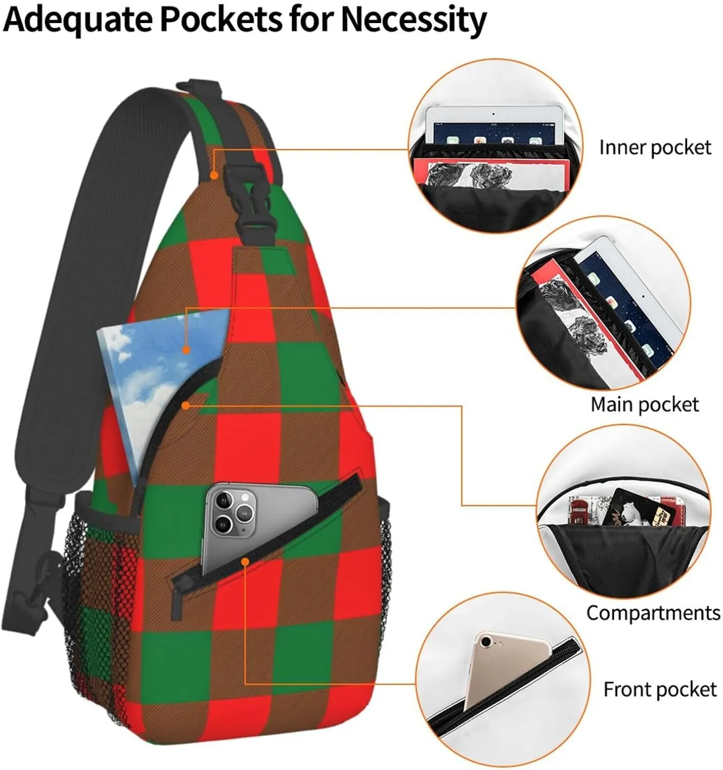 Red Green Christmas Plaid Crossbody Bag Cross Chest Bag Adjustable Sling Backpack Sports Gym Shoulder Bags Travel Cycling Daypack Diagonally Casual Rucksack