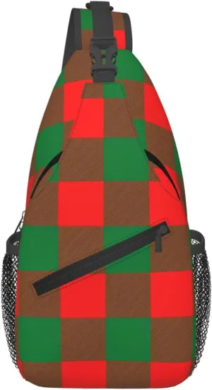 Red Green Christmas Plaid Crossbody Bag Cross Chest Bag Adjustable Sling Backpack Sports Gym Shoulder Bags Travel Cycling Daypack Diagonally Casual Rucksack
