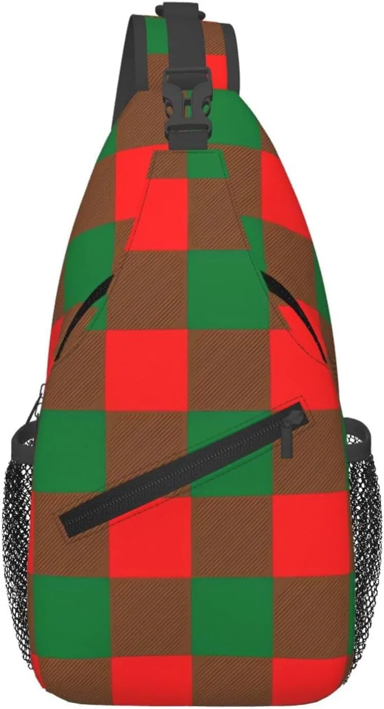 Red Green Christmas Plaid Crossbody Bag Cross Chest Bag Adjustable Sling Backpack Sports Gym Shoulder Bags Travel Cycling Daypack Diagonally Casual Rucksack