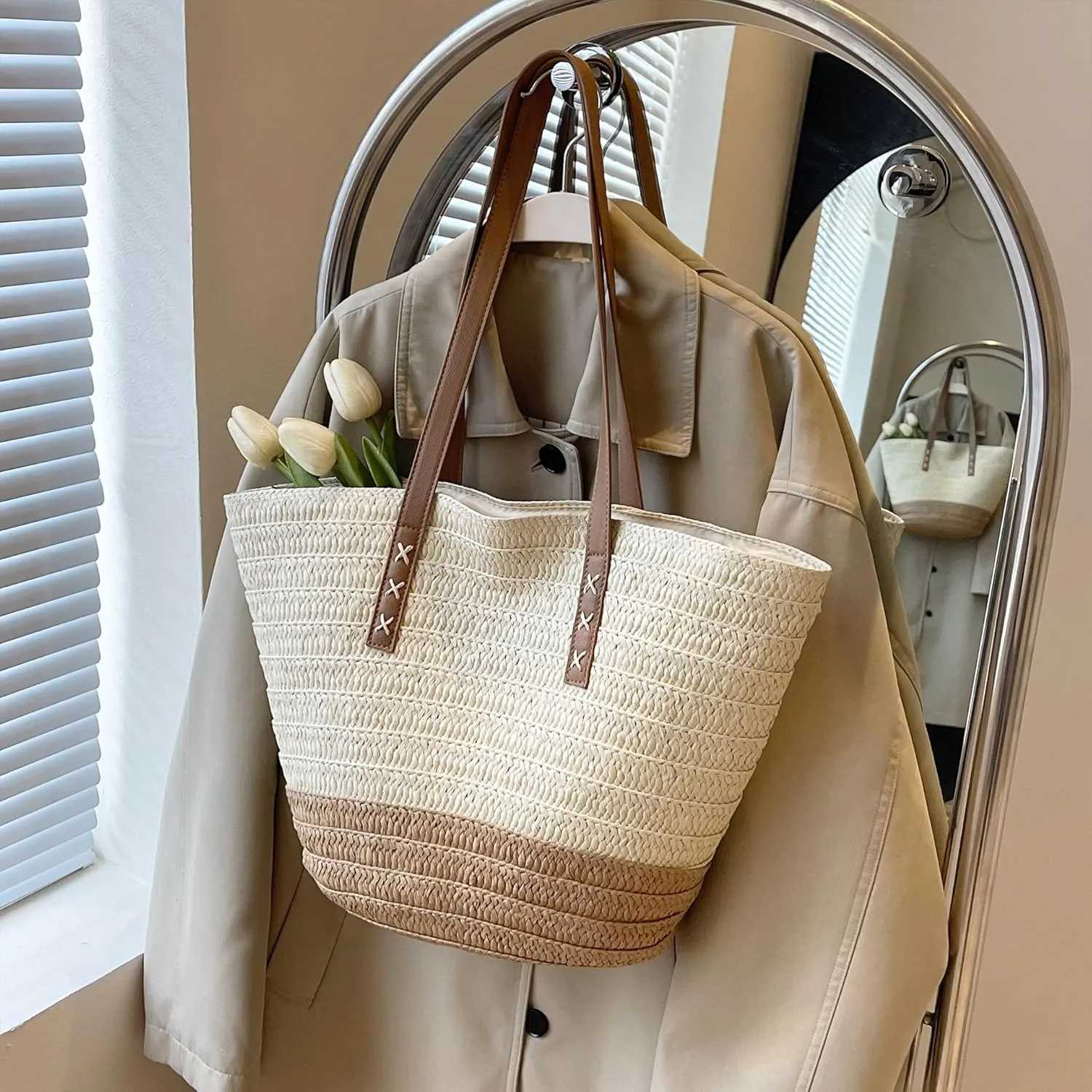 Rejolly Straw Tote Bag for Women Beach Summer Vacation Handbags Large Woven Shoulder Purse with Zipper Leather Handle Purse
