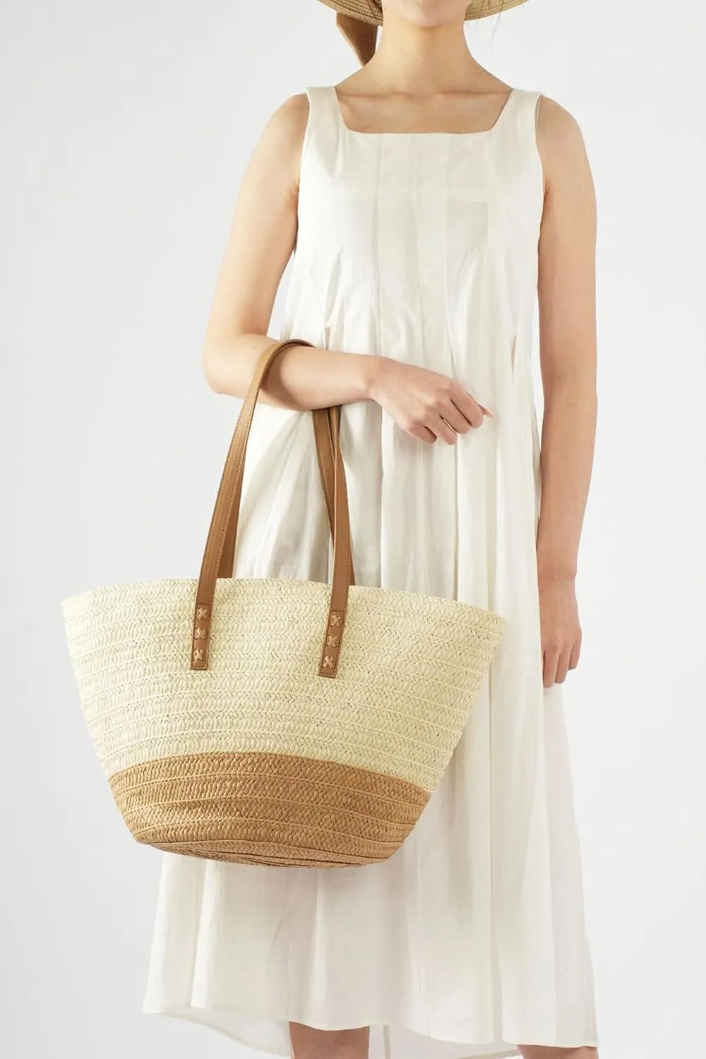 Rejolly Straw Tote Bag for Women Beach Summer Vacation Handbags Large Woven Shoulder Purse with Zipper Leather Handle Purse