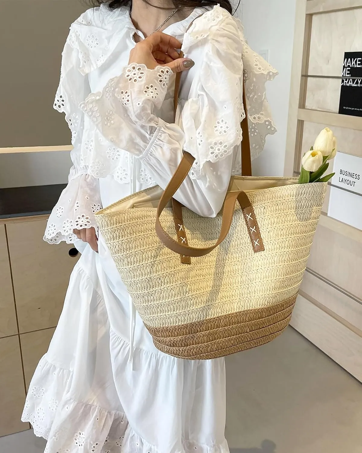 Rejolly Straw Tote Bag for Women Beach Summer Vacation Handbags Large Woven Shoulder Purse with Zipper Leather Handle Purse