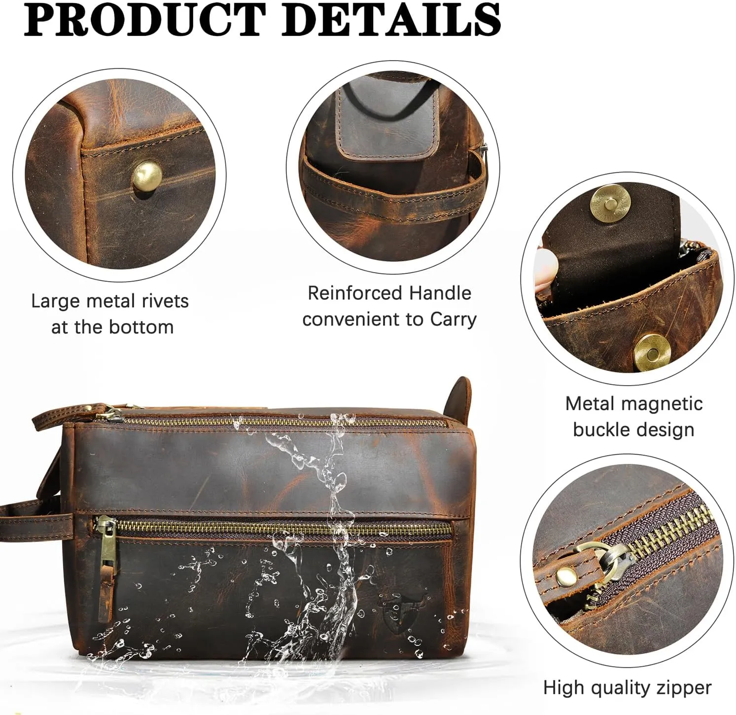 Retro Genuine Crazy Horse Leather Handmade Travel Washroom Toiletry Bag for Men - Dopp Kit - Shaving Kit 771 (771 Brown)