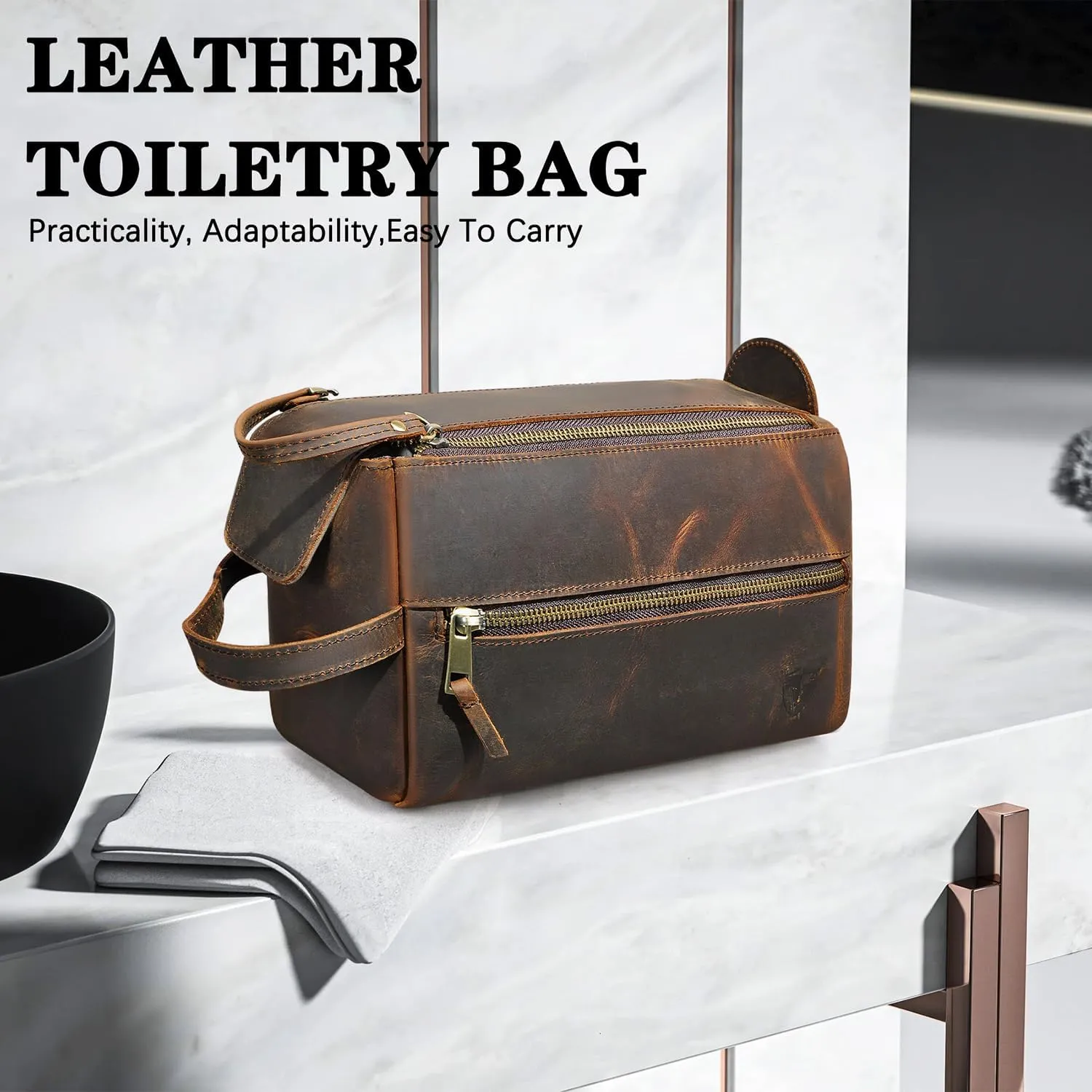 Retro Genuine Crazy Horse Leather Handmade Travel Washroom Toiletry Bag for Men - Dopp Kit - Shaving Kit 771 (771 Brown)