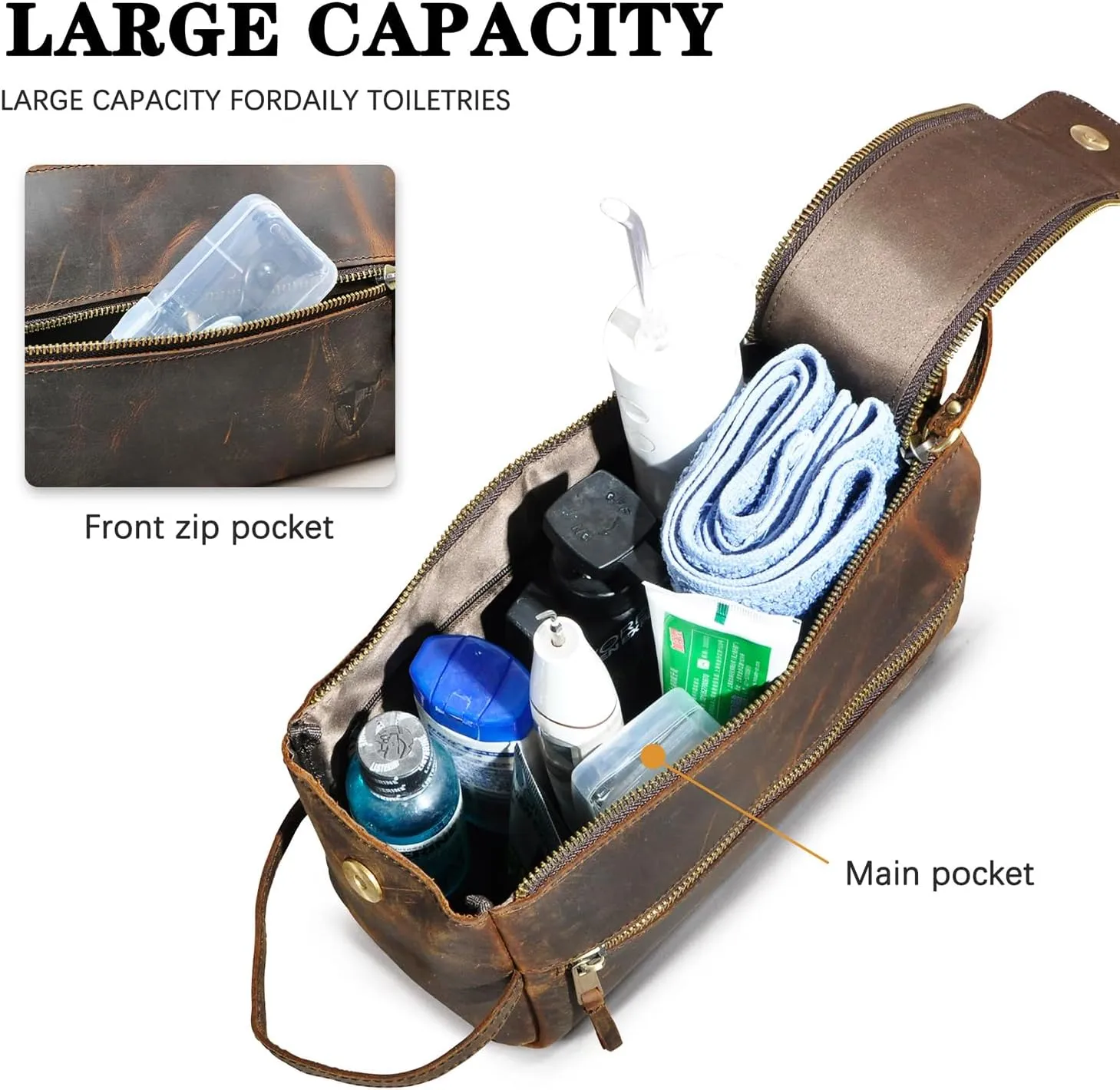 Retro Genuine Crazy Horse Leather Handmade Travel Washroom Toiletry Bag for Men - Dopp Kit - Shaving Kit 771 (771 Brown)