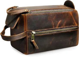 Retro Genuine Crazy Horse Leather Handmade Travel Washroom Toiletry Bag for Men - Dopp Kit - Shaving Kit 771 (771 Brown)