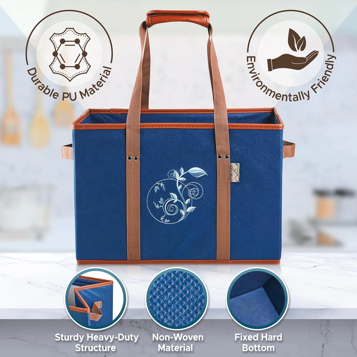 Reusable Grocery Shopping Bags, Foldable, Heavy Duty Tote, Box Bags with Long Handles and Solid Bottom, Large - Set of 3, Navy Blue