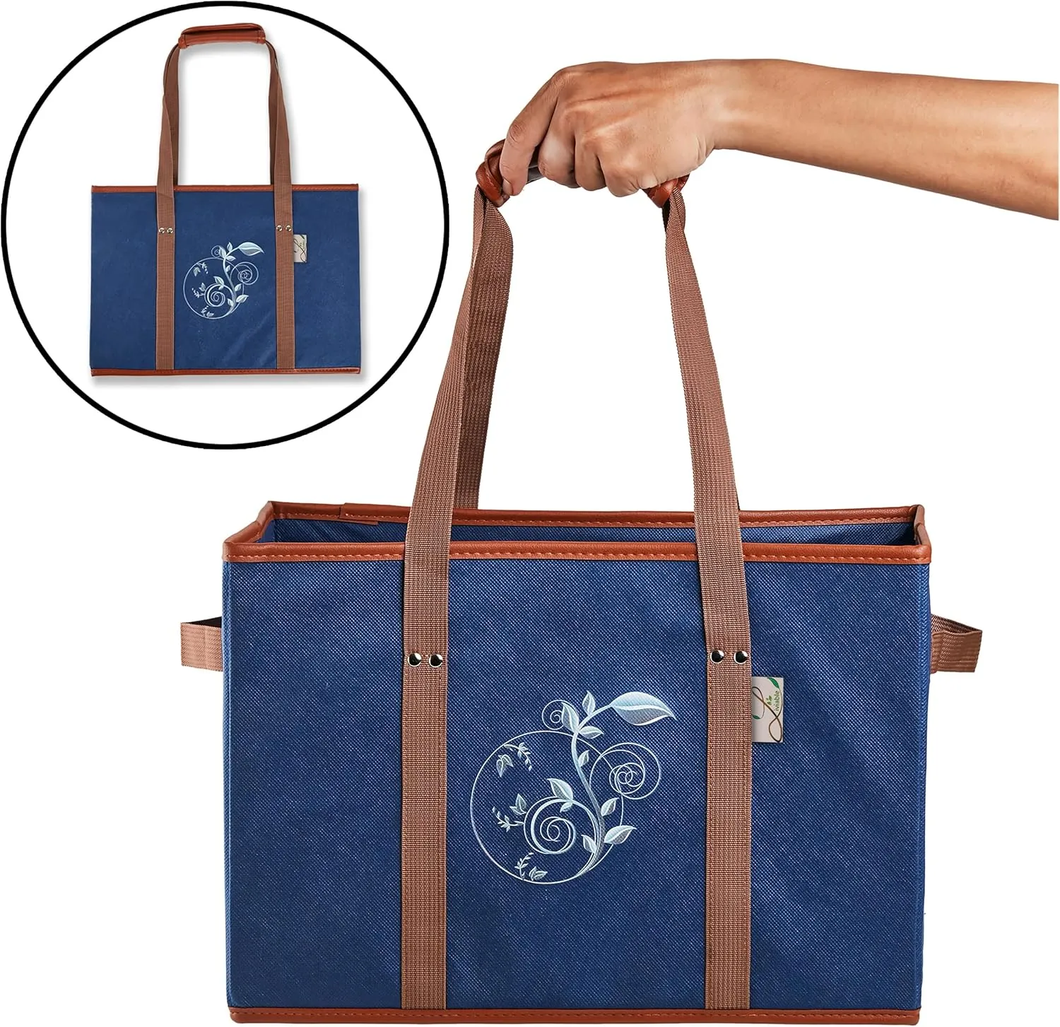 Reusable Grocery Shopping Bags, Foldable, Heavy Duty Tote, Box Bags with Long Handles and Solid Bottom, Large - Set of 3, Navy Blue