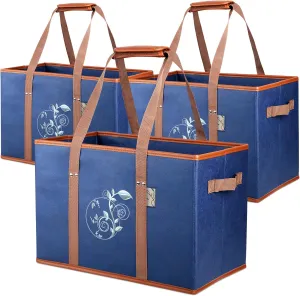 Reusable Grocery Shopping Bags, Foldable, Heavy Duty Tote, Box Bags with Long Handles and Solid Bottom, Large - Set of 3, Navy Blue