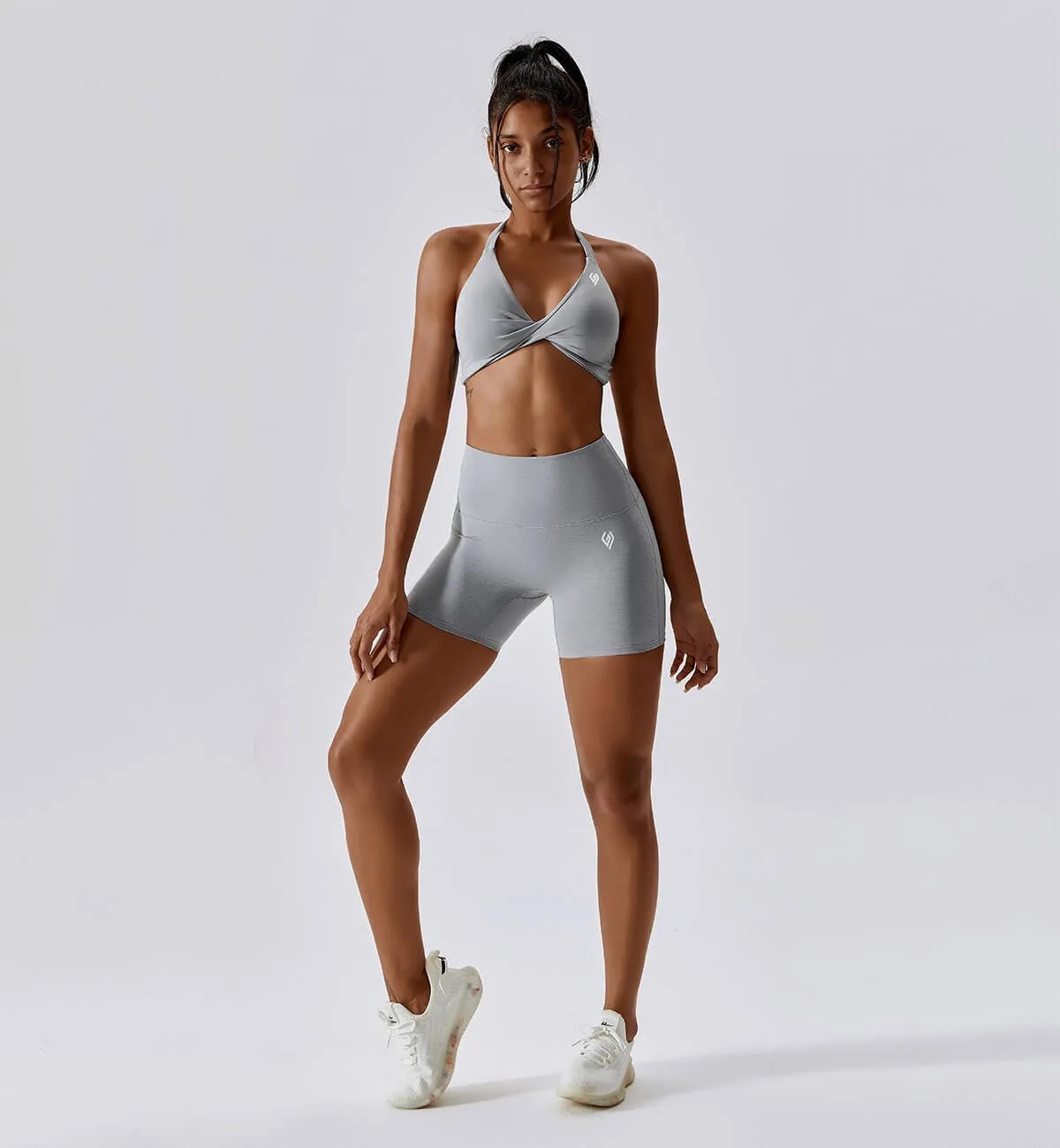 Revive Halter Neck Twist Sports Bra-White Smoke