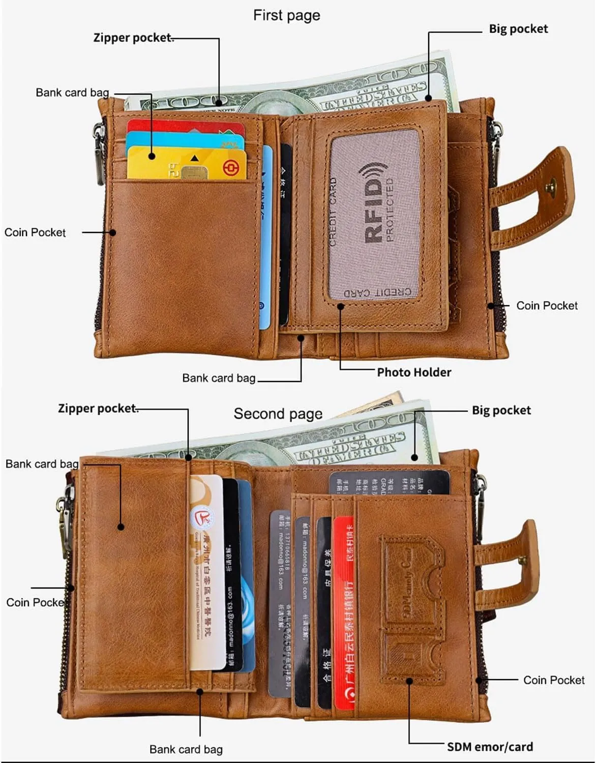 RFID Blocking Genuine Leather Wallet for Women and Men Vintage Small Purse with Chain and Clasp Closure Brown (Brown2)