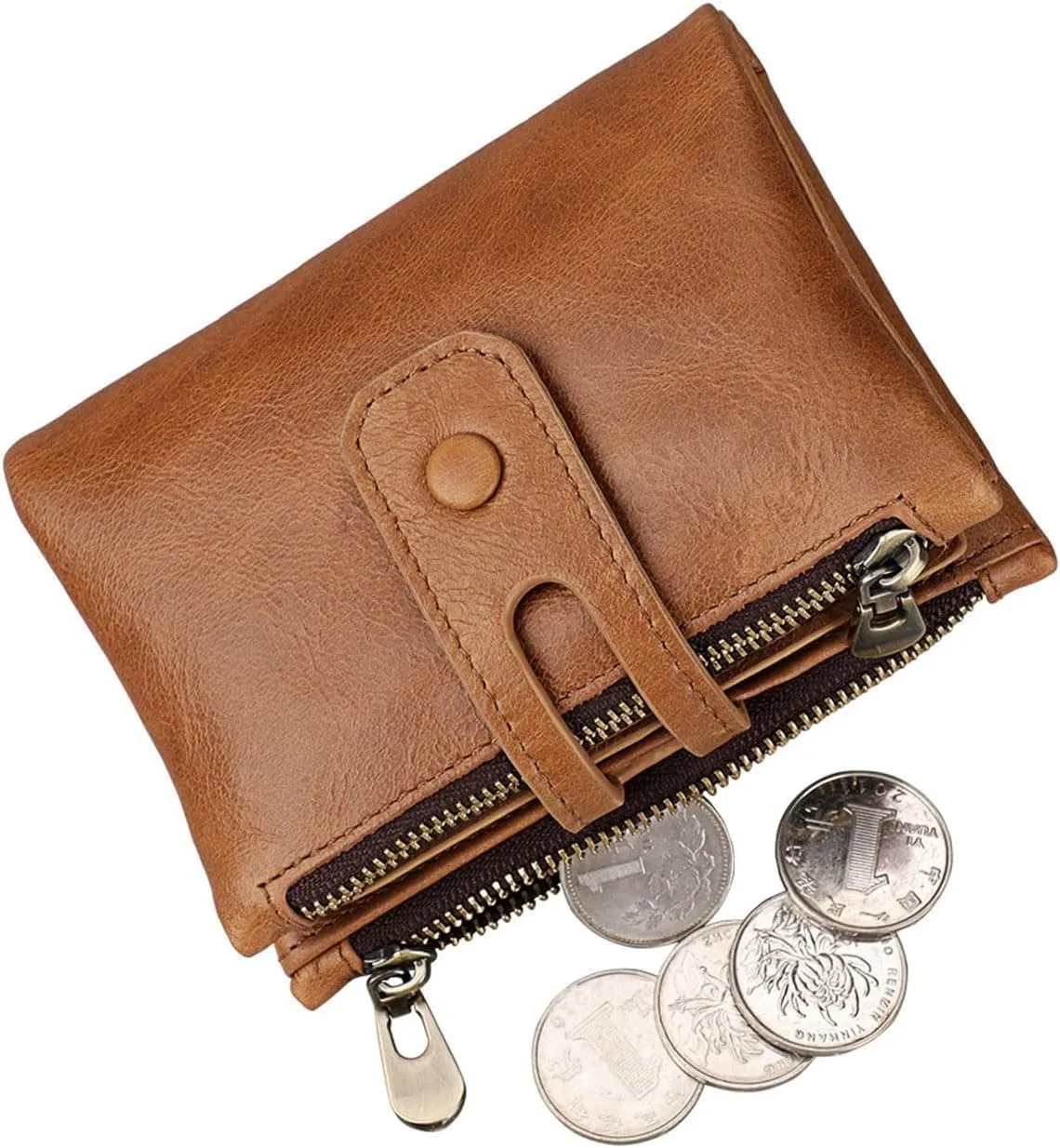 RFID Blocking Genuine Leather Wallet for Women and Men Vintage Small Purse with Chain and Clasp Closure Brown (Brown2)