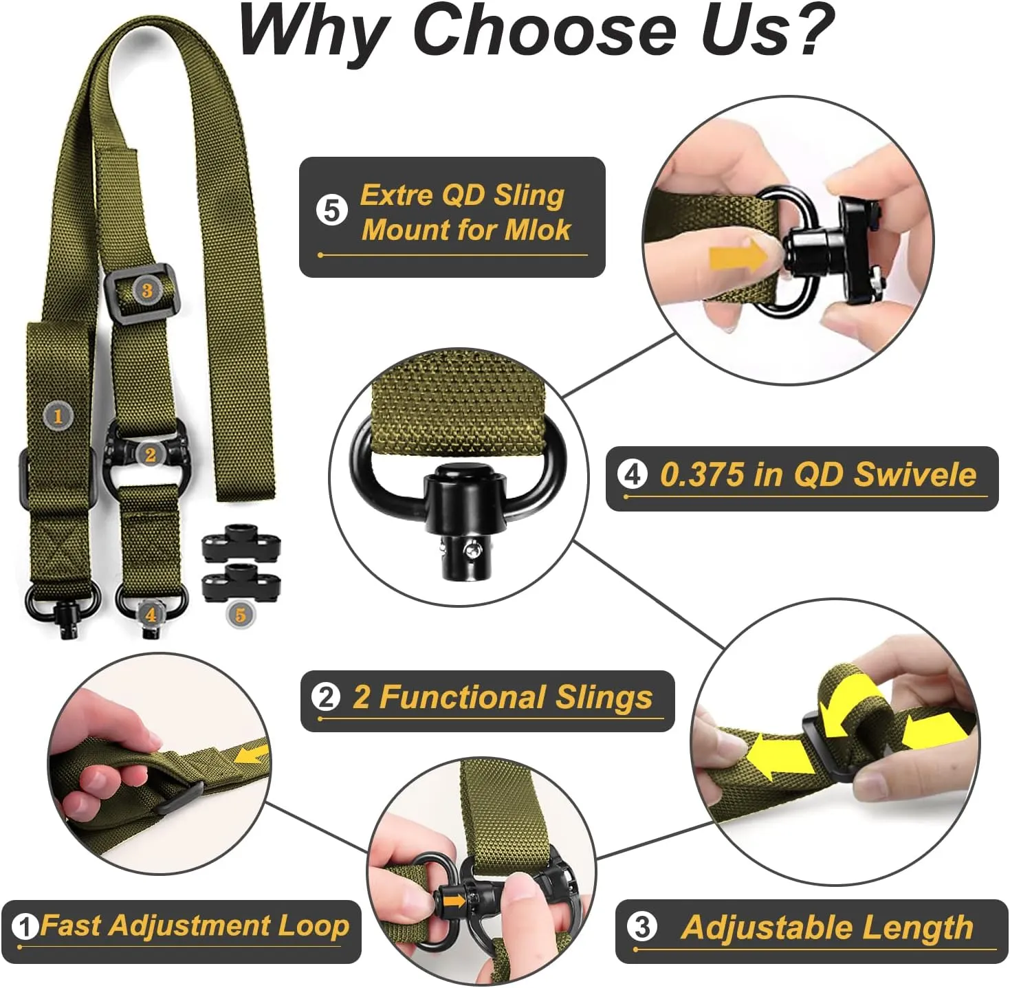 Rifle Sling 2 Point Sling Quick Adjust with QD Sling Swivels, 2 PCS QD Sling Mount, Rifle Straps with Fast Adjust Thumb Loop