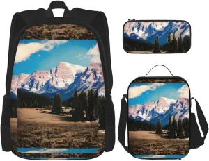 Rocky Mountains Print Unisex Stylish Travel Backpack Set With Insulated Lunch Bag,Adjustable Straps