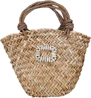 RomanticDesign Women Straw Beach Bag Woven Tote Bag Small Summer Handbag with Rhinestone Handle