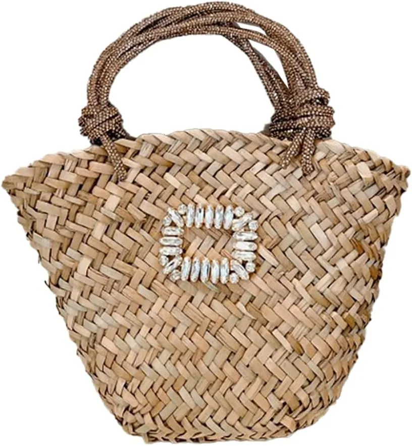 RomanticDesign Women Straw Beach Bag Woven Tote Bag Small Summer Handbag with Rhinestone Handle