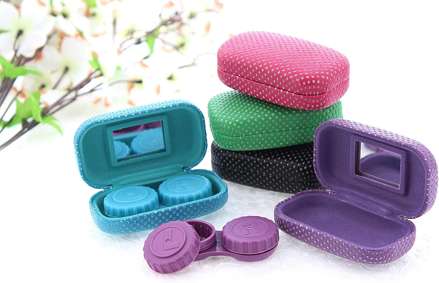 Ron's Optical Hard Turquoise and White Polka Dot with Interior Mirror Contact Lens Travel Case