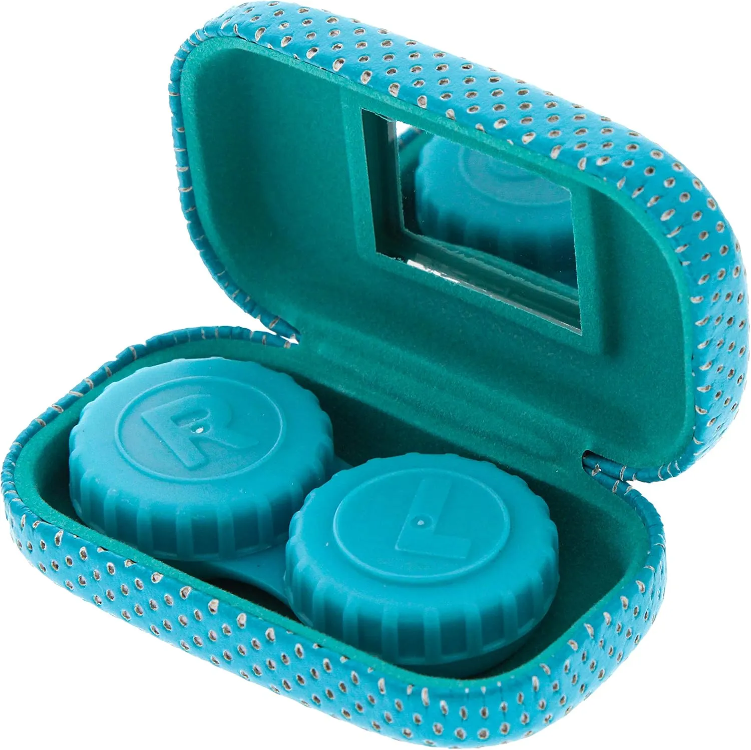 Ron's Optical Hard Turquoise and White Polka Dot with Interior Mirror Contact Lens Travel Case