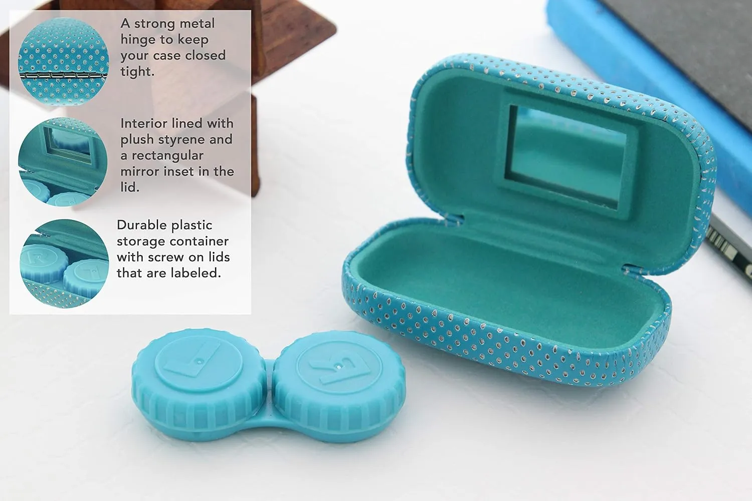 Ron's Optical Hard Turquoise and White Polka Dot with Interior Mirror Contact Lens Travel Case