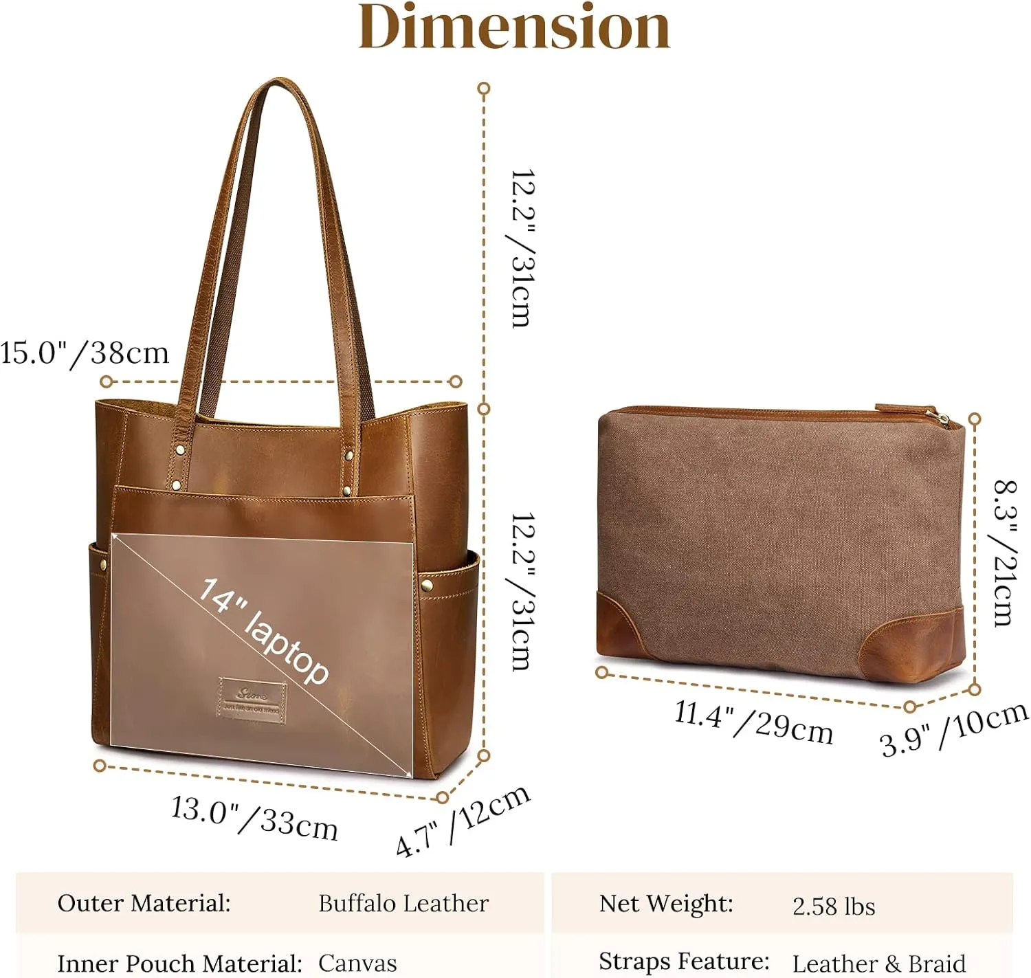 S-ZONE Genuine Leather Tote Bag Large Shoulder Purse Work Vintage Handbag for Women