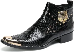 Santimon Men Chelsea Boots Casual Dress Ankle Boots Handmade Genuine Leather Western Boot Metal Square Toe Zipper Snake Print Party Wedding Disco Singer Cowboy Boots for Men