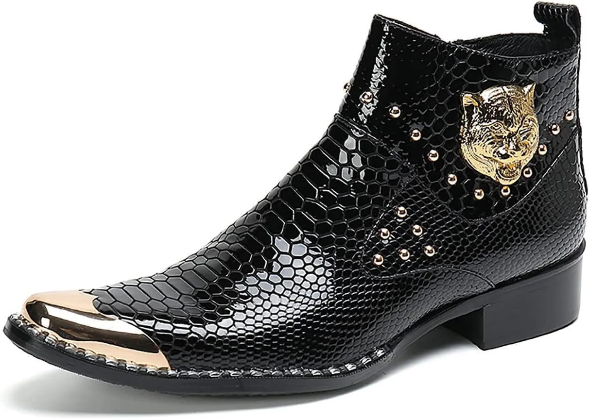 Santimon Men Chelsea Boots Casual Dress Ankle Boots Handmade Genuine Leather Western Boot Metal Square Toe Zipper Snake Print Party Wedding Disco Singer Cowboy Boots for Men