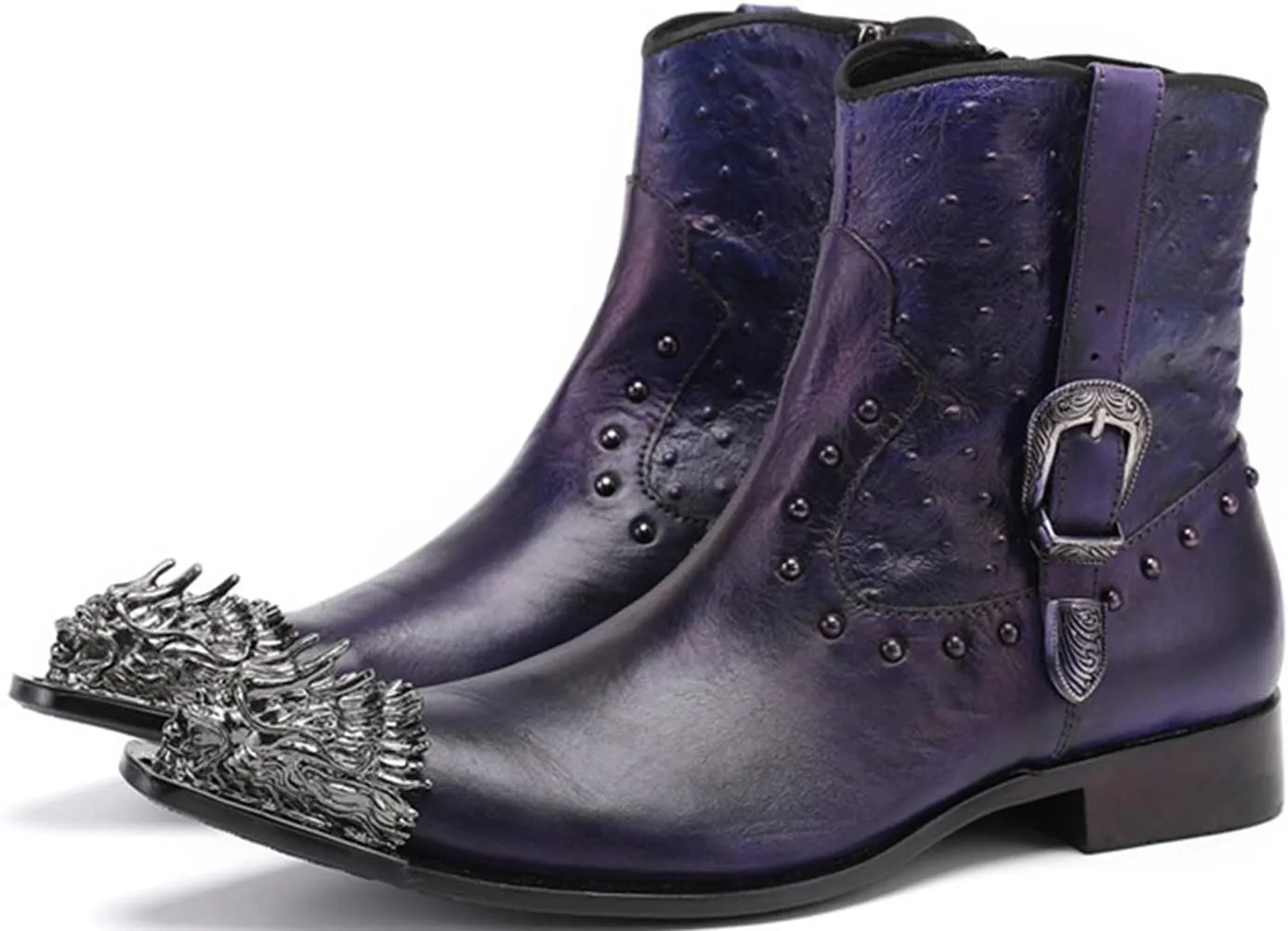 Santimon Mens Mid Top Boots Casual Dress Chelsea Boots Metal Pointed Toe Genunie Leather Cowboy Boots Fashion Prom Wedding Tuxedo Party Ballroom Disco Singer Zipper on Side Western Boots for Men
