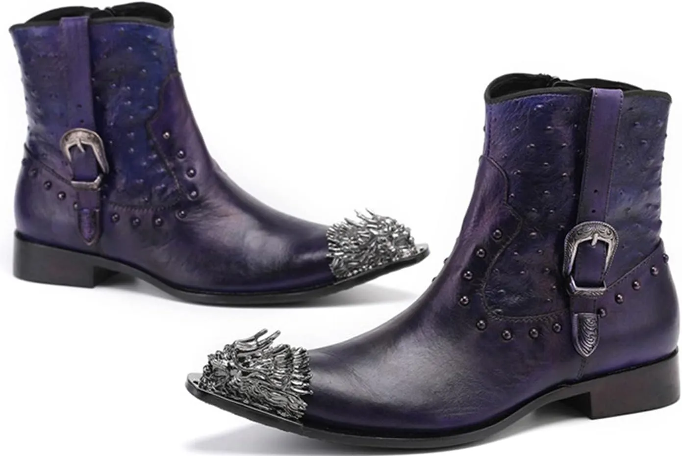 Santimon Mens Mid Top Boots Casual Dress Chelsea Boots Metal Pointed Toe Genunie Leather Cowboy Boots Fashion Prom Wedding Tuxedo Party Ballroom Disco Singer Zipper on Side Western Boots for Men