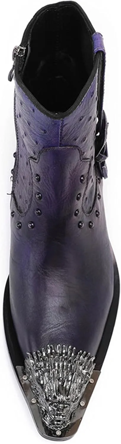 Santimon Mens Mid Top Boots Casual Dress Chelsea Boots Metal Pointed Toe Genunie Leather Cowboy Boots Fashion Prom Wedding Tuxedo Party Ballroom Disco Singer Zipper on Side Western Boots for Men