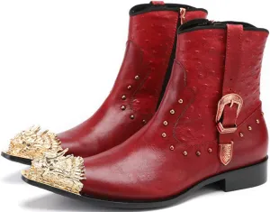Santimon Mens Mid Top Boots Casual Dress Chelsea Boots Metal Pointed Toe Genunie Leather Cowboy Boots Fashion Prom Wedding Tuxedo Party Ballroom Disco Singer Zipper on Side Western Boots for Men