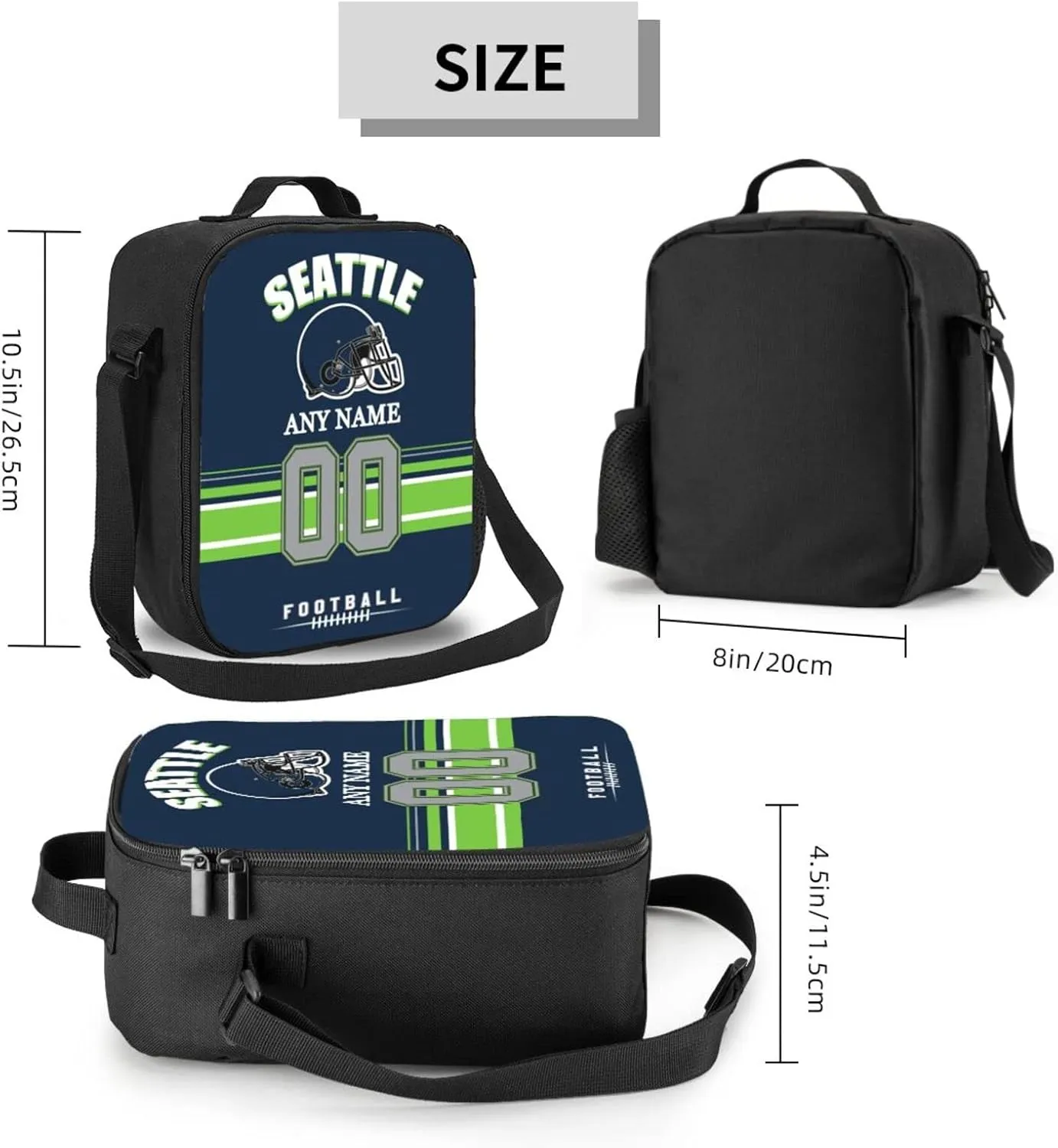 Seattle Lunch Box Custom Lunch Bag Personalized Name and Number Adjustable Strap Sport Insulated Lunch Tote Gifts For Fans Men Women