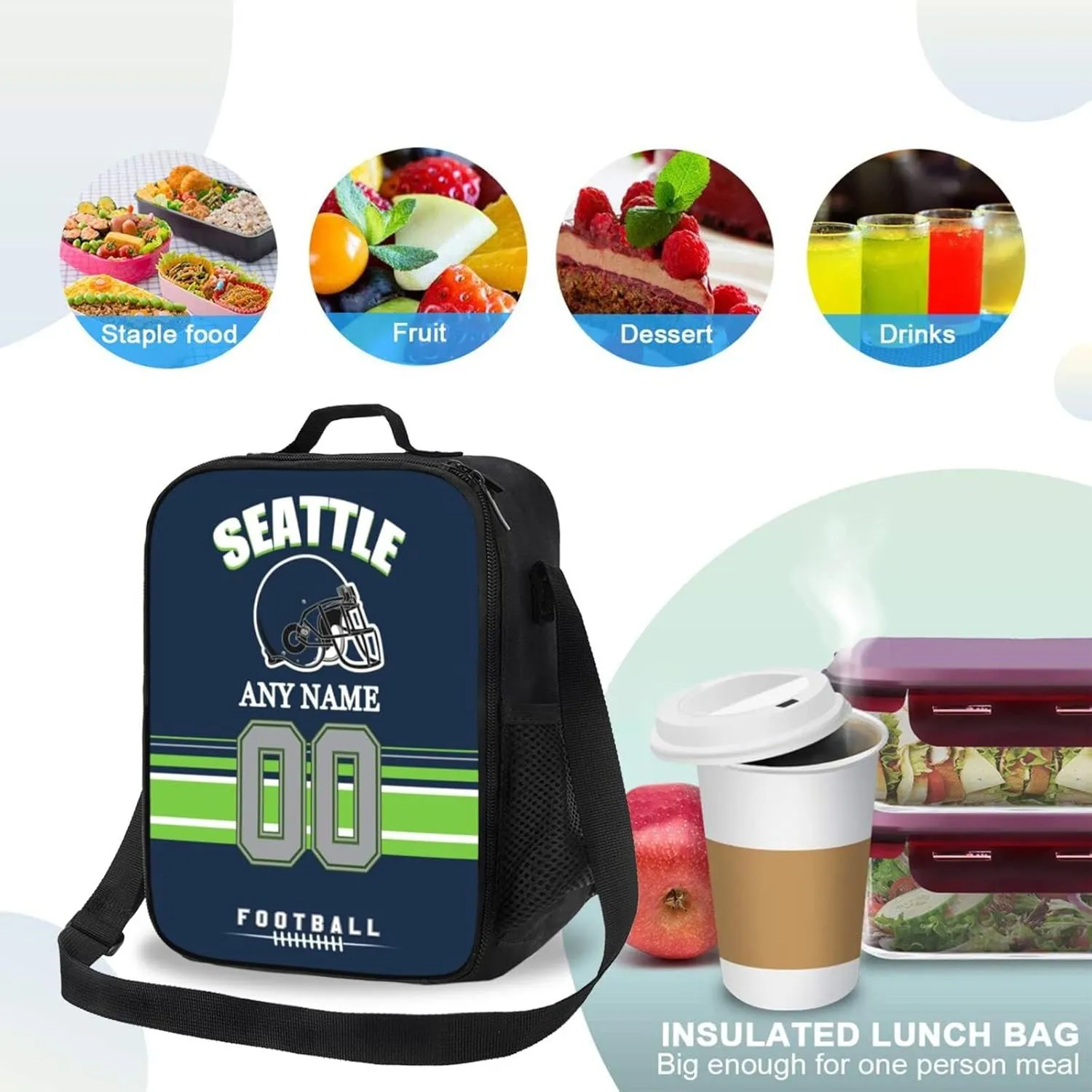 Seattle Lunch Box Custom Lunch Bag Personalized Name and Number Adjustable Strap Sport Insulated Lunch Tote Gifts For Fans Men Women