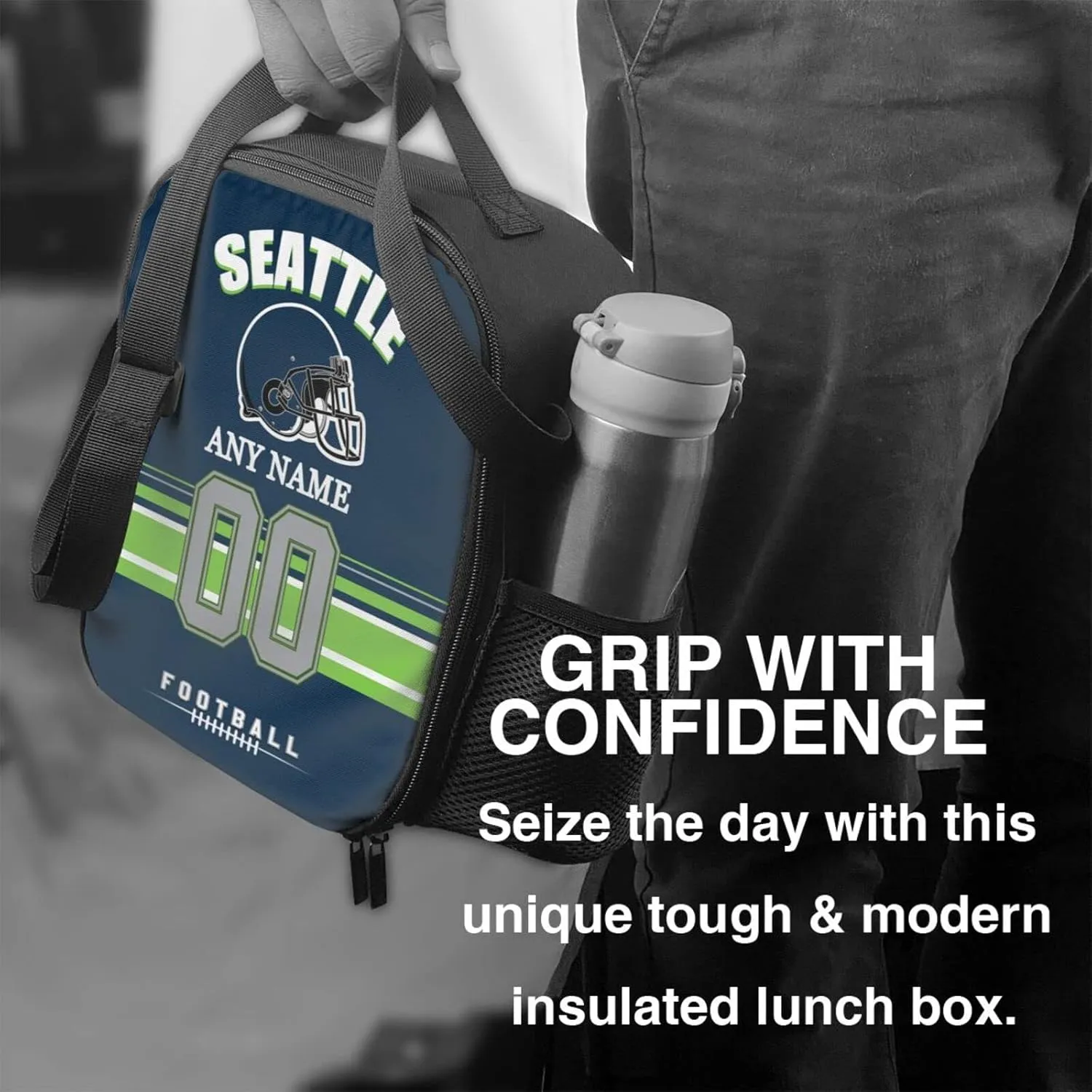 Seattle Lunch Box Custom Lunch Bag Personalized Name and Number Adjustable Strap Sport Insulated Lunch Tote Gifts For Fans Men Women