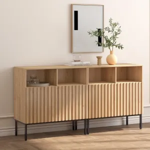 Set of 2 Oxford Fluted Storage Cabinet, Sideboard Buffet Credenza with Doors, Accent Console for Living Dining Room, Entryway, Natural Oak