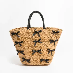 Shelby Bow Knot Applique Straw Totes