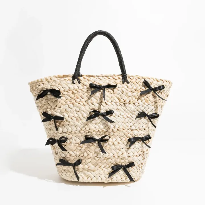 Shelby Bow Knot Applique Straw Totes