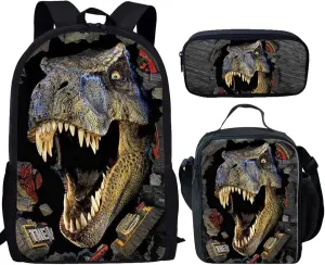 Showudesigns Dinosaur Backpack for Boys with Lunch Box Girls Trex Backpack Dino Bookbag Back to School Children Book Bag Set with Lunch Bag Pencil Case Schoolbag