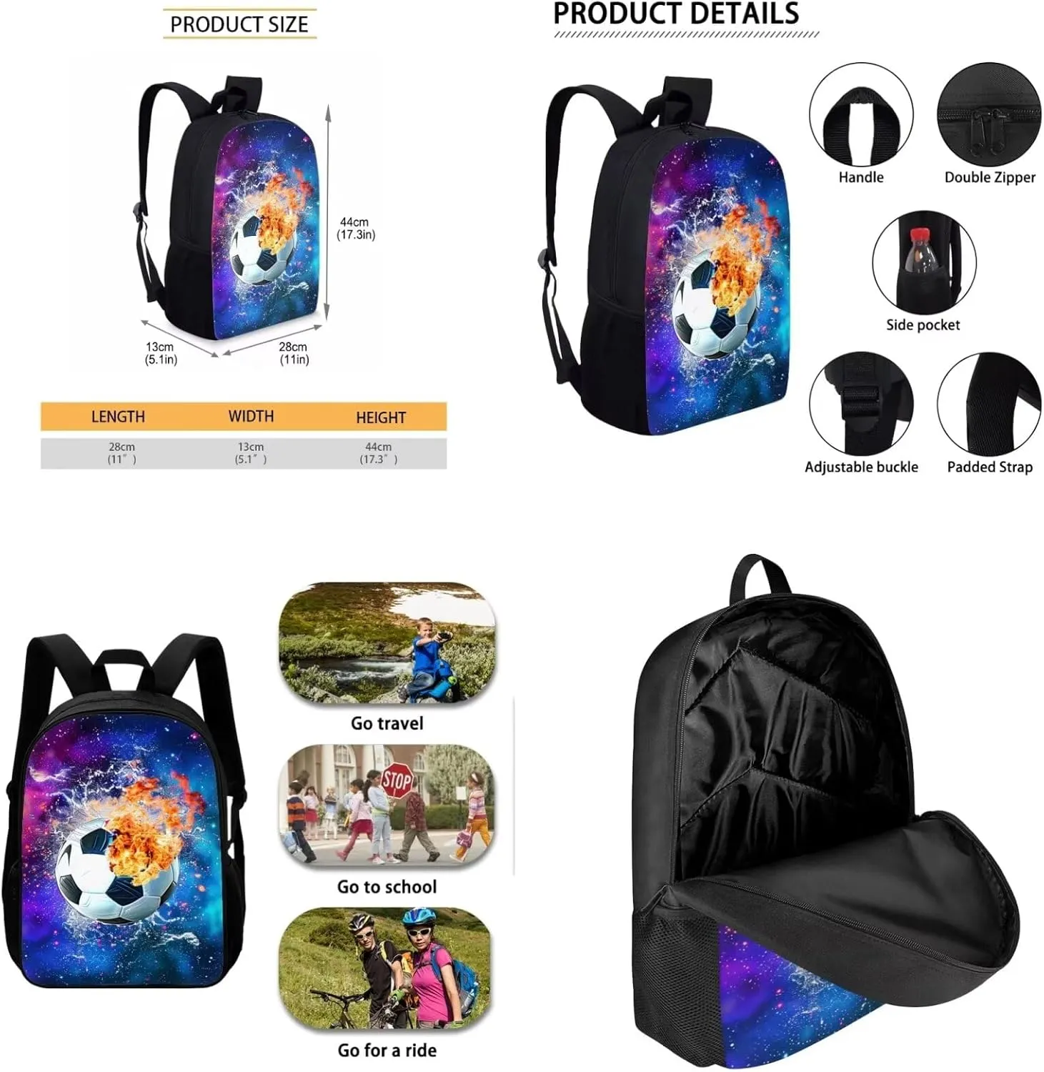 Showudesigns Soccer Backpack with Lunch Box Football Bookbag for Boys Pencil Case Primary School Bag Rucksack Elementary Bookbag Daypack 3 in 1 Galaxy Soccer with Fire and Water Designs