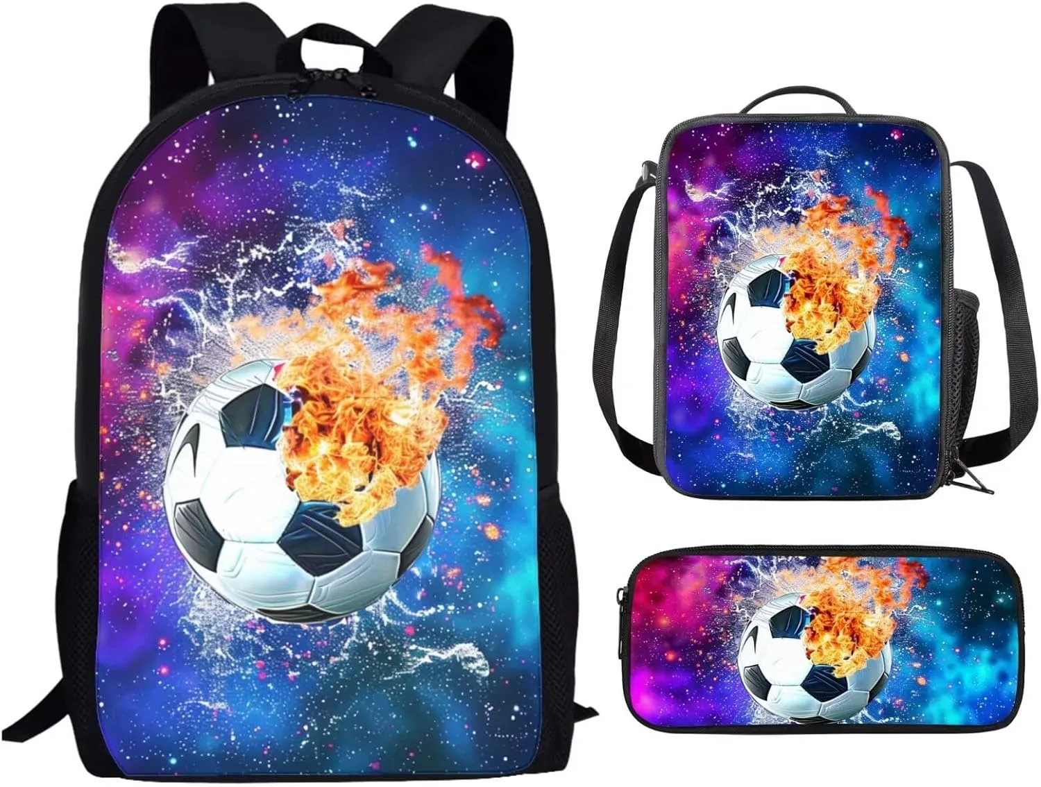 Showudesigns Soccer Backpack with Lunch Box Football Bookbag for Boys Pencil Case Primary School Bag Rucksack Elementary Bookbag Daypack 3 in 1 Galaxy Soccer with Fire and Water Designs